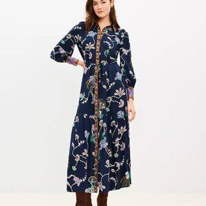 LOFT Pheasant Pleated Tie Waist Midi Shirtdress Size 6